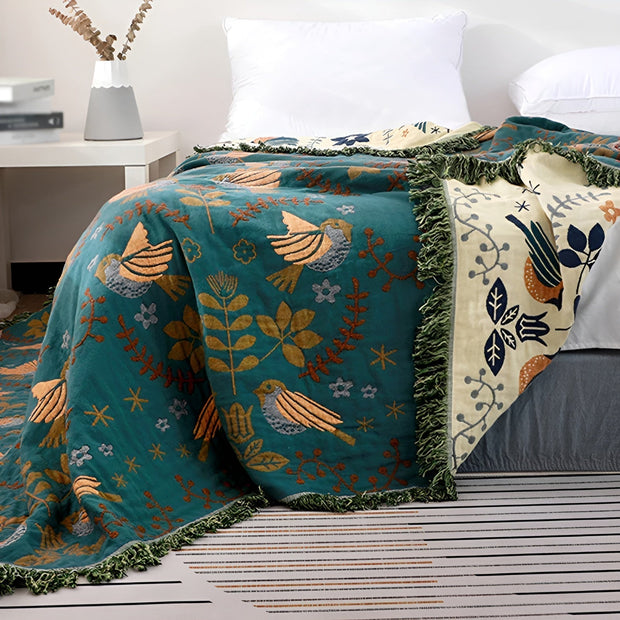 BaumwollZauber | Wendebettdecke mit floralen und Vogel-Motiven - Brezella
