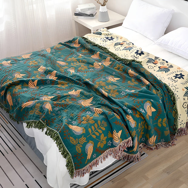 BaumwollZauber | Wendebettdecke mit floralen und Vogel-Motiven - Brezella