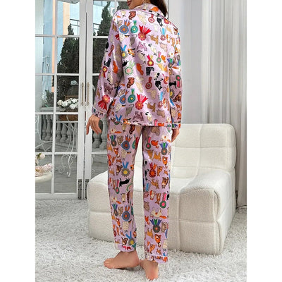 KatzenLuxe | Elegante Satin-Pyjama-Set mit stilvollem Katzenprint - Brezella